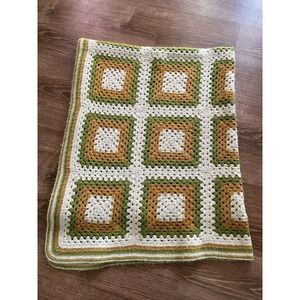 Afghan 70's Granny Square Crochet Throw MCM Handmade Green Gold Cream Cottage